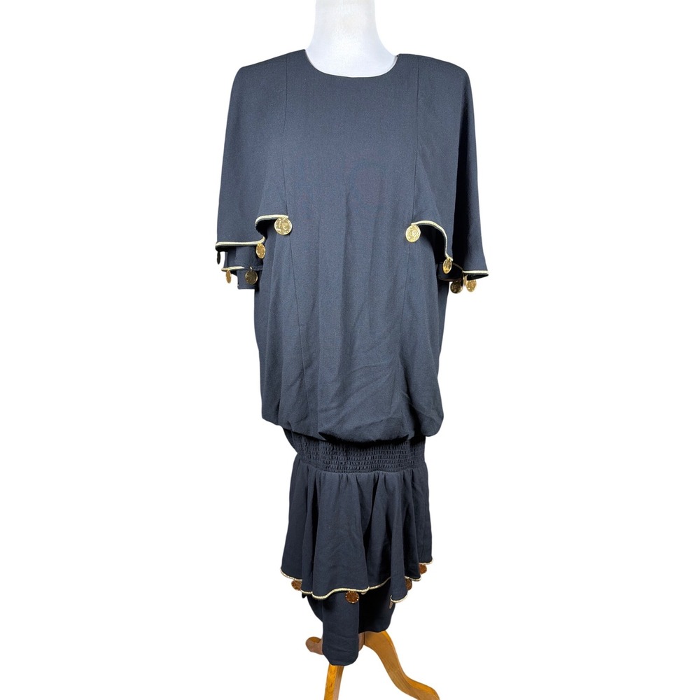 Tiffani Kim I Magnin Vintage 80s Black Coin Embellished Blouson Dress Size 10
